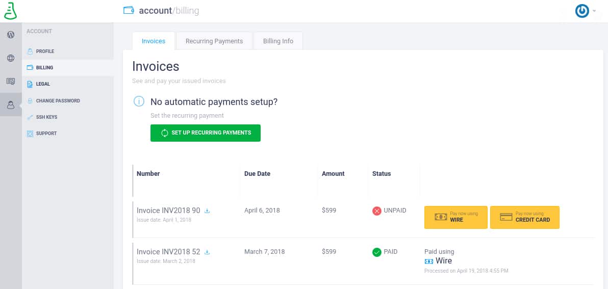 Invoices section of the Managed Hosting Dashboard