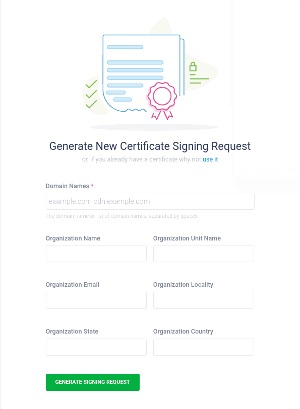 The form for generating a new certificate