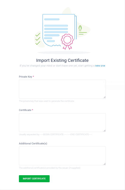 The form for importing a new certificate
