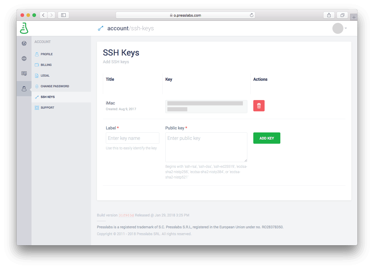 Introducing your public key in the Managed Hosting Dashboard