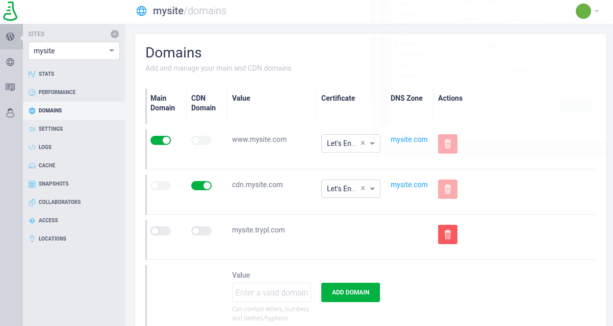 The Domains Section of the Managed Hosting Dashboard