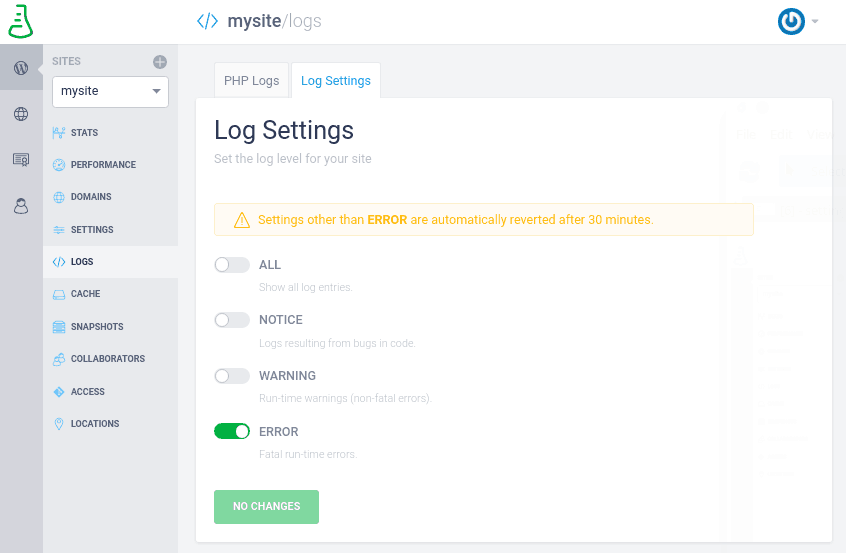 Set up the log level of your site